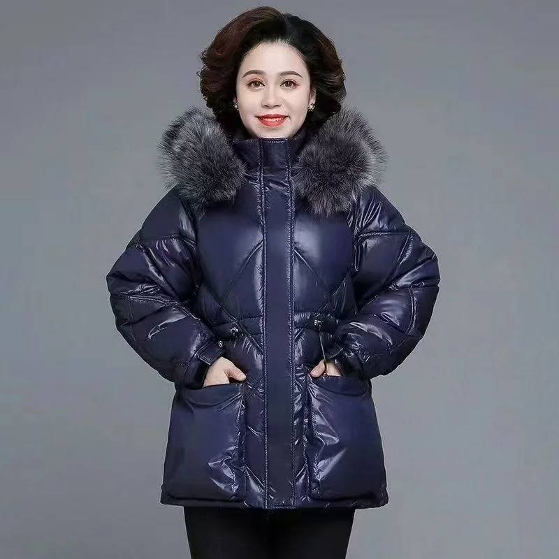 Middle-aged Elderly Women's Cotton-padded Coat With Big Fur Collar Down Cotton-padded Coat Short  Winter Coat Thickened Warm Top