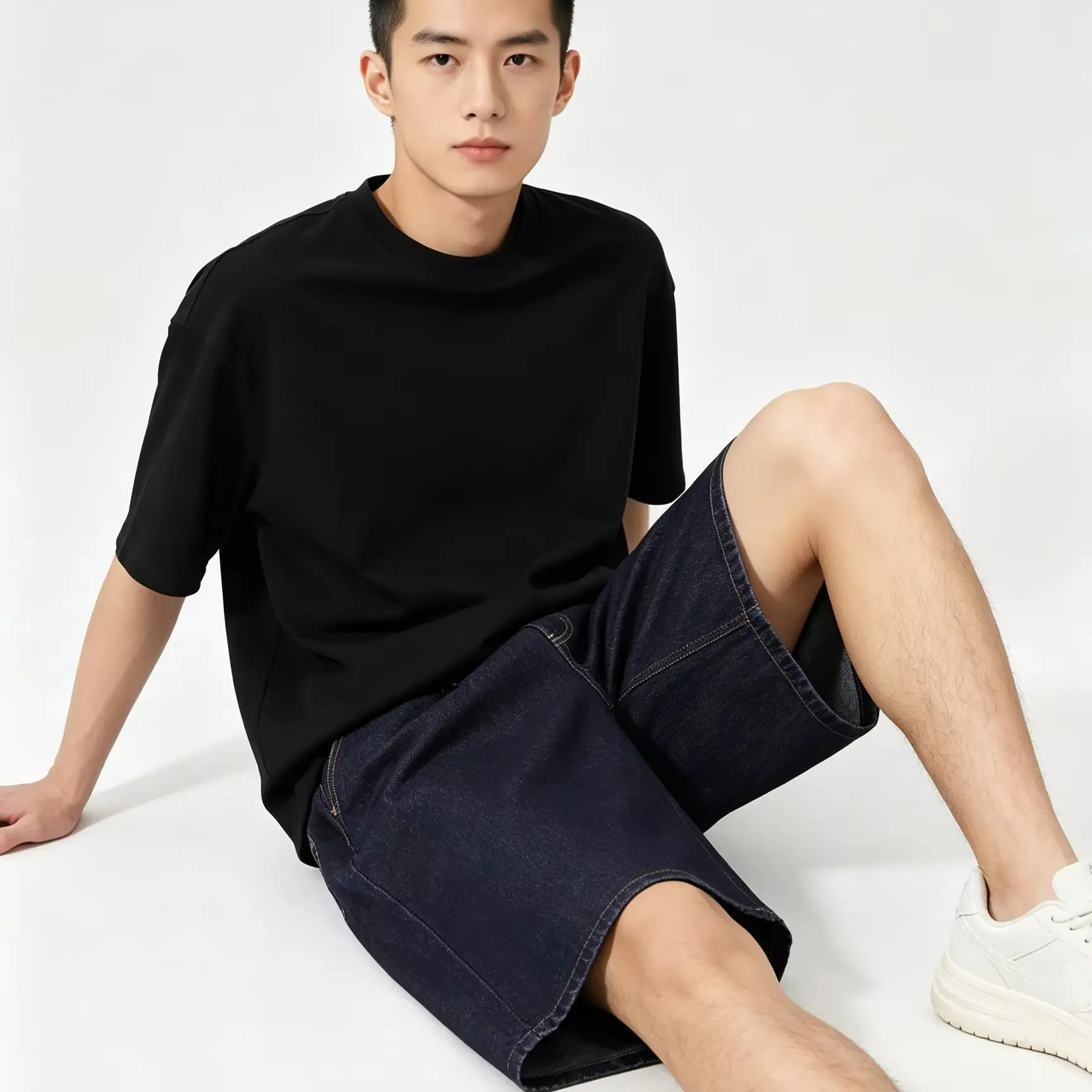 Cloud Figure Embroidery Raw Denim Bermuda Shorts Unisex Loose Wide Leg Casual Streetwear Jeans