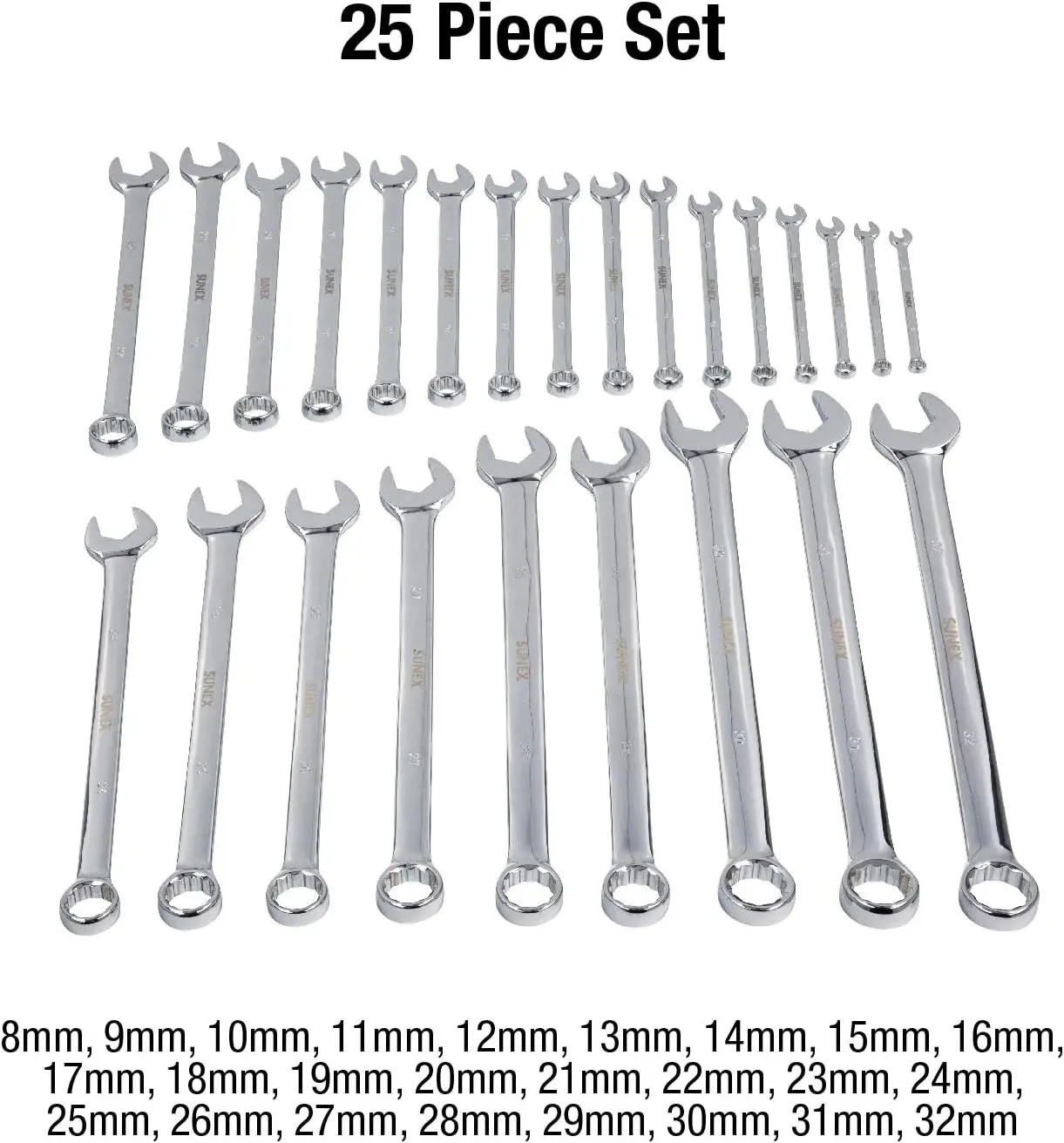 Metric V-Groove Combination Wrench Set, 8mm - 32mm, Fully Polished, 25-Piece (Includes Roll-Case)