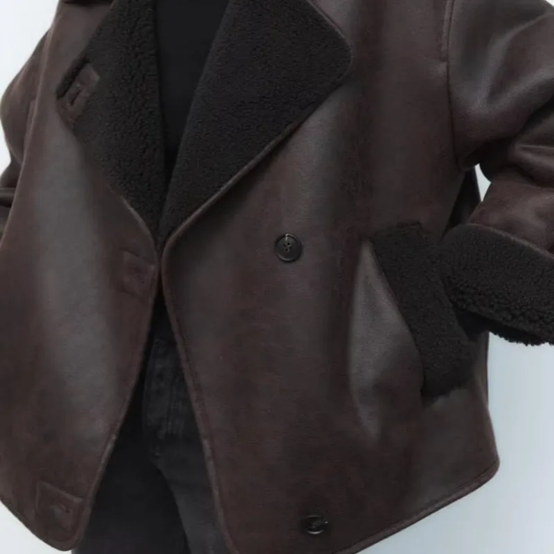 أزياء شخصية فو الفراء المتكاملة الشتاء الشارع نمط المرأة فضفاضة الوجهين سترة فو الجلد المدبوغ الصوف معطف سميك #4