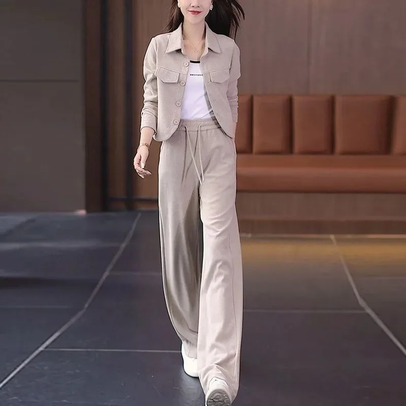 

Casual Fashion Crop Top Wide-leg Pants 2 Two Piece Set Women's 2025 New Autumn Korean Version Single-breasted Jacket Loose Suit