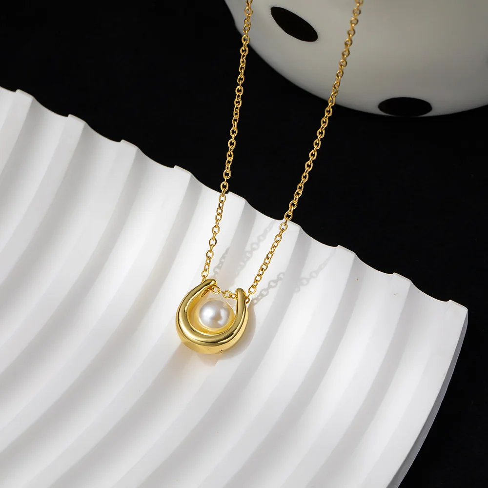 الفولاذ المقاوم للصدأ U-شكل اللؤلؤ قلادة قلادة للنساء الفتيات الذهب اللون أنيق سلسلة الترقوة هدايا حفلة خطوبة مجوهرات