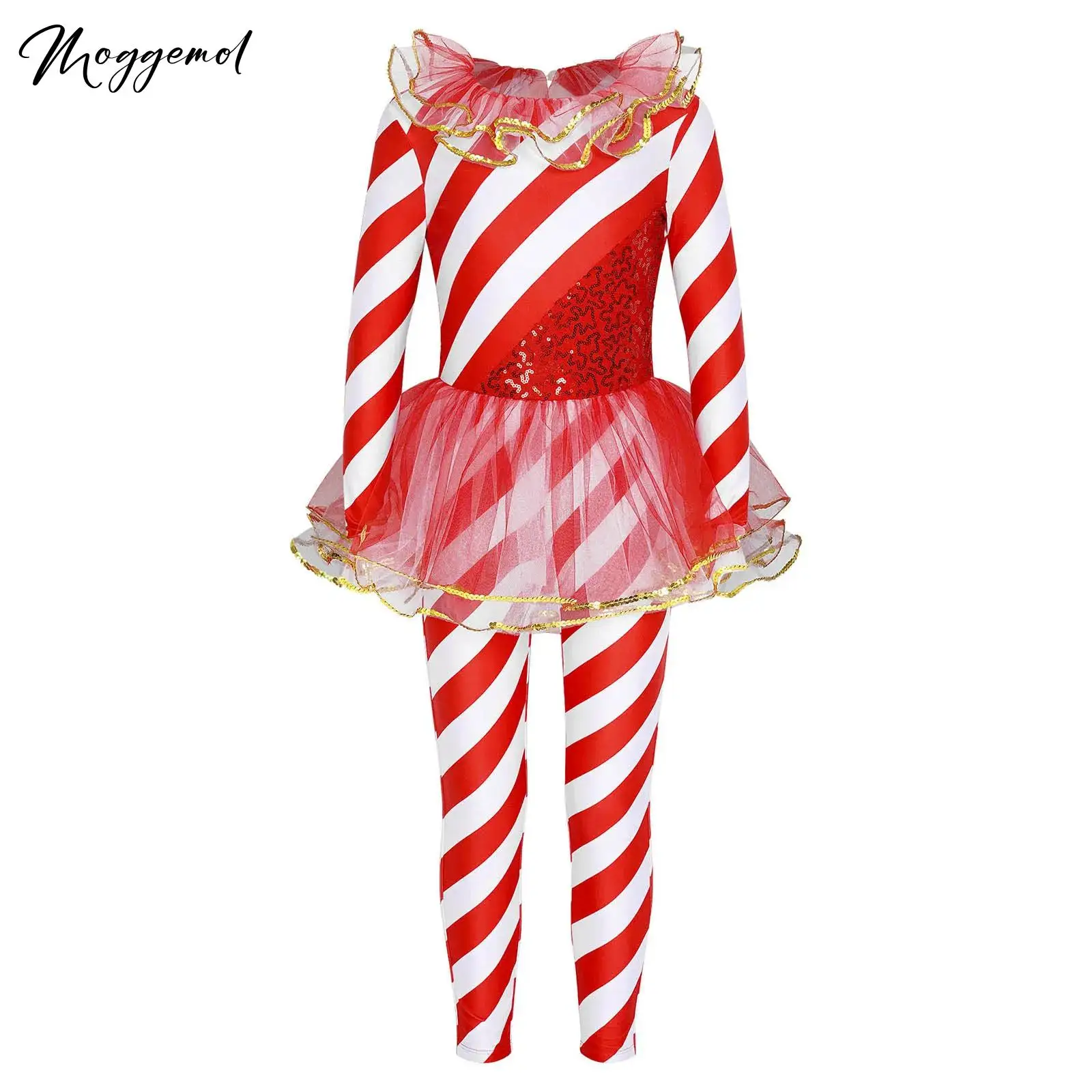 Kids Girls Candy Cane Christmas Costume Shiny Sequins Long Sleeves Ballet Dance Jumpsuit Keyhole Back Bodysuit for Holiday Party