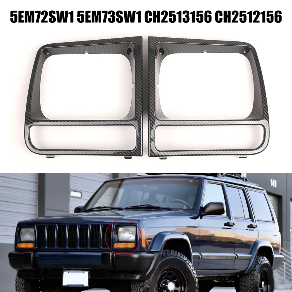 2pcs For Jeep Cherokee 1997-2001 Car Headlamp Bezel ABS Carbon Pattern 5EM72SW1 5EM73SW1 Accessories