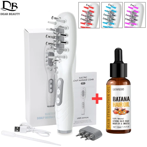 Peine eléctrico para masaje del cuero cabelludo + aplicador líquido de aceite de Batana antipérdida de cabello terapia de luz LED cepillo masajeador de cabeza con vibración EMS