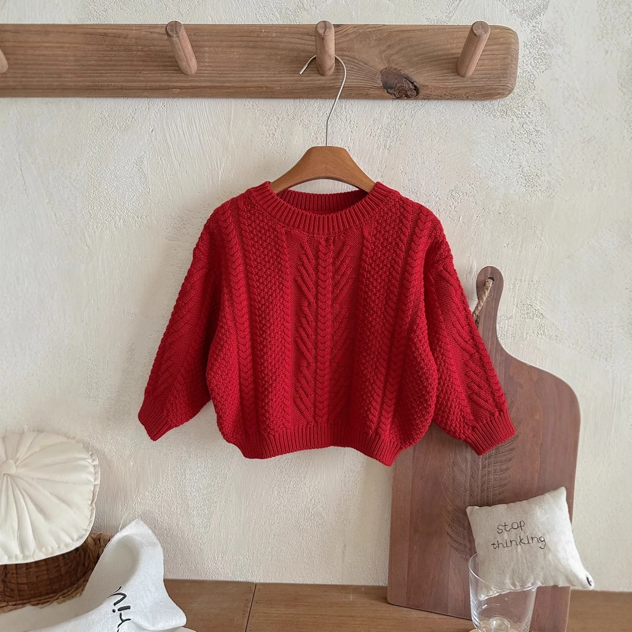 Children's Twist Sweater Boys Girls 2025 Autumn Winter Loose Red Round Neck Pullover Knitted Top Christmas New Year's Clothing