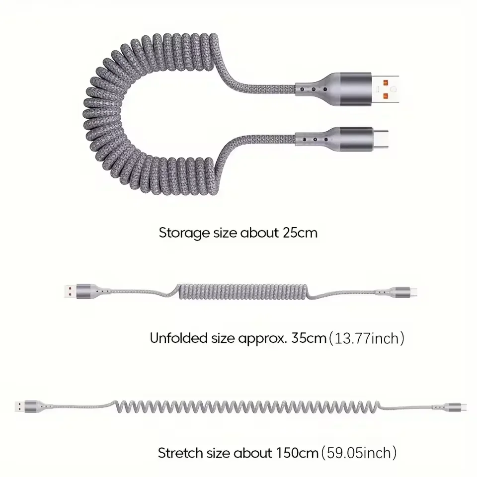 100W USB Type C Spring Car Fast Charging Cable For Samsung Huawei Xiaomi 60W Type C Data Cord For iPhone 15 One Plus USB C Wire
