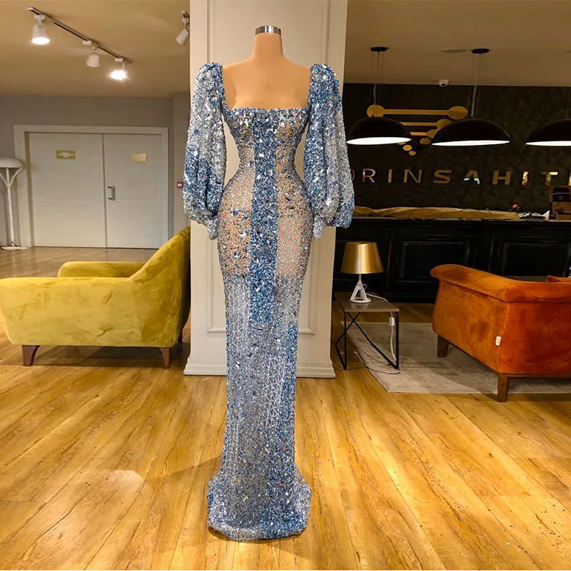 

New Sexy Blue Long Sleeves Crystal Mermaid فساتين السهرة vestidos de fiesta فساتين سهره evening dresses فستان العيد 2024