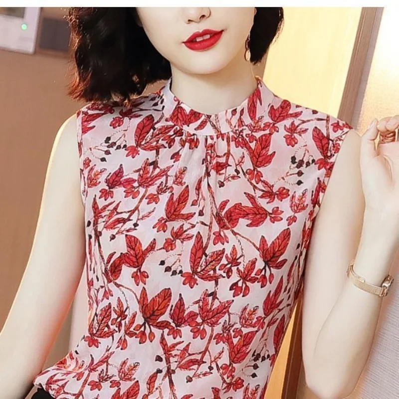 2024 New Summer Korean Commuting Minimalist Fashion Slim Fit Blouses Sleeveless Standing Neck Printed Button Women\'s Shirt Top