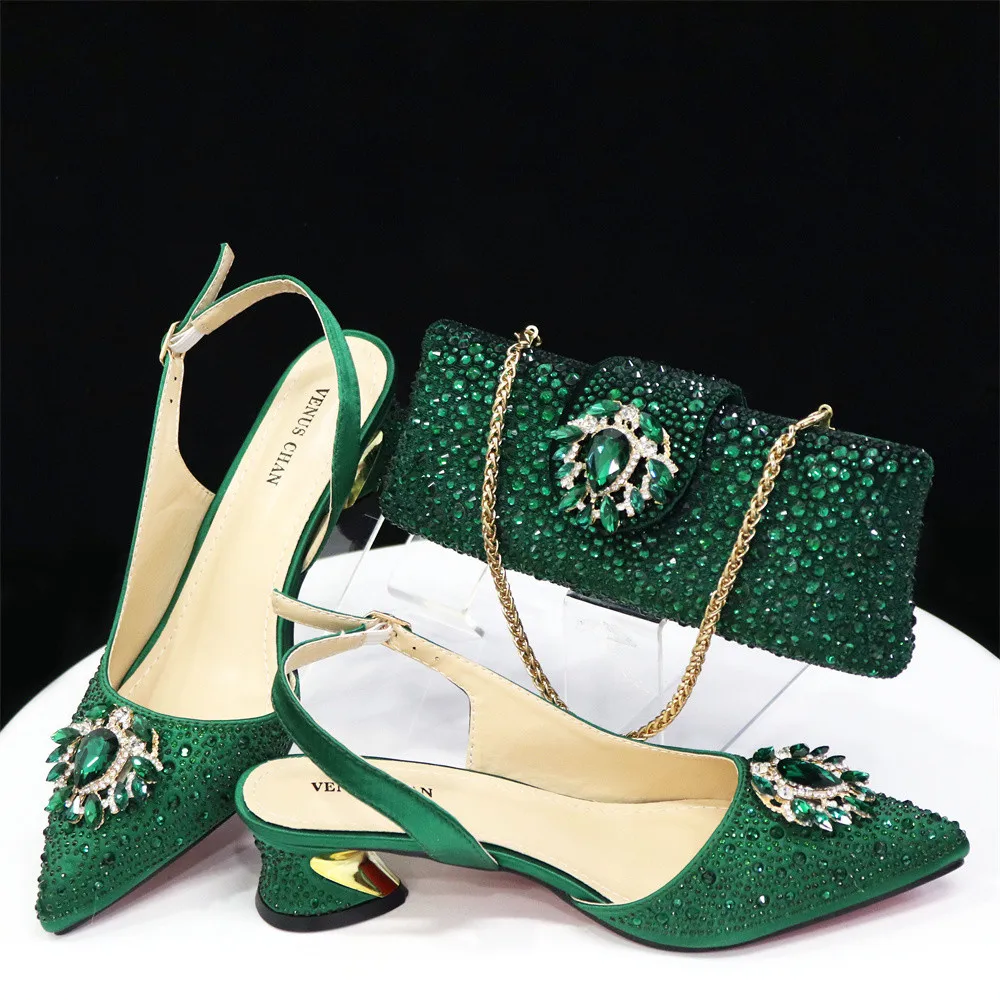 Green Color 2024 High Heels Sandals Fashion Rhinestone Sexy Nigerian Women Shoe and Bag Set for Party Wedding Pumps