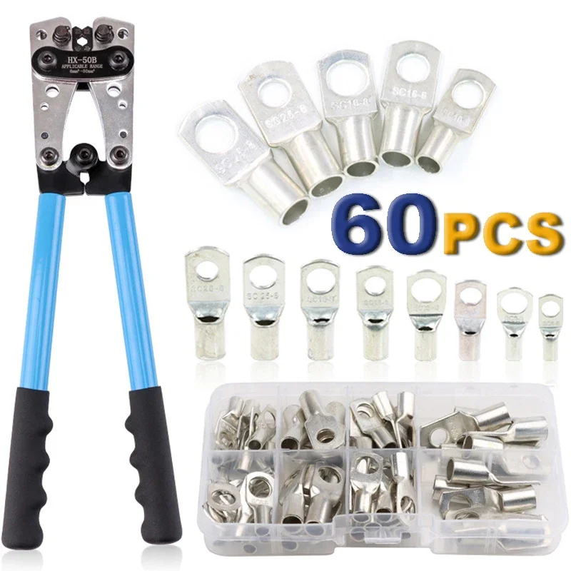 HX-50B Cable Crimping Tool with 60pcs Copper Ring Terminals Wire Crimp Connector Cable Battery Terminals Soldered Connectors Kit