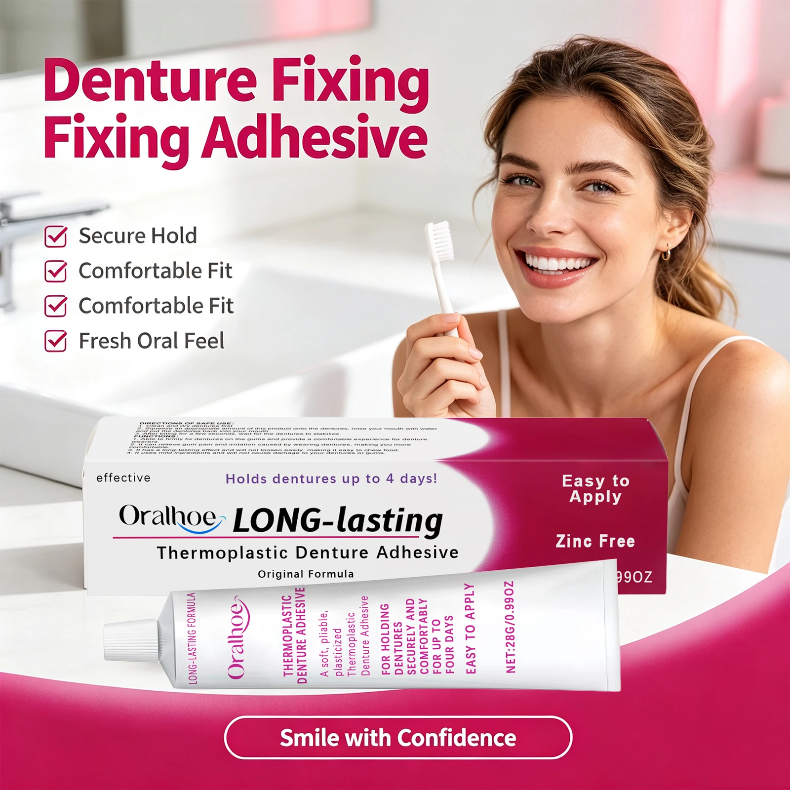 Denture Adhesive Cream Zinc‑free Fills Gaps Lasting Hold Firm Fit Comfortable Wear Prevent Loose Denture Care for False Teeth