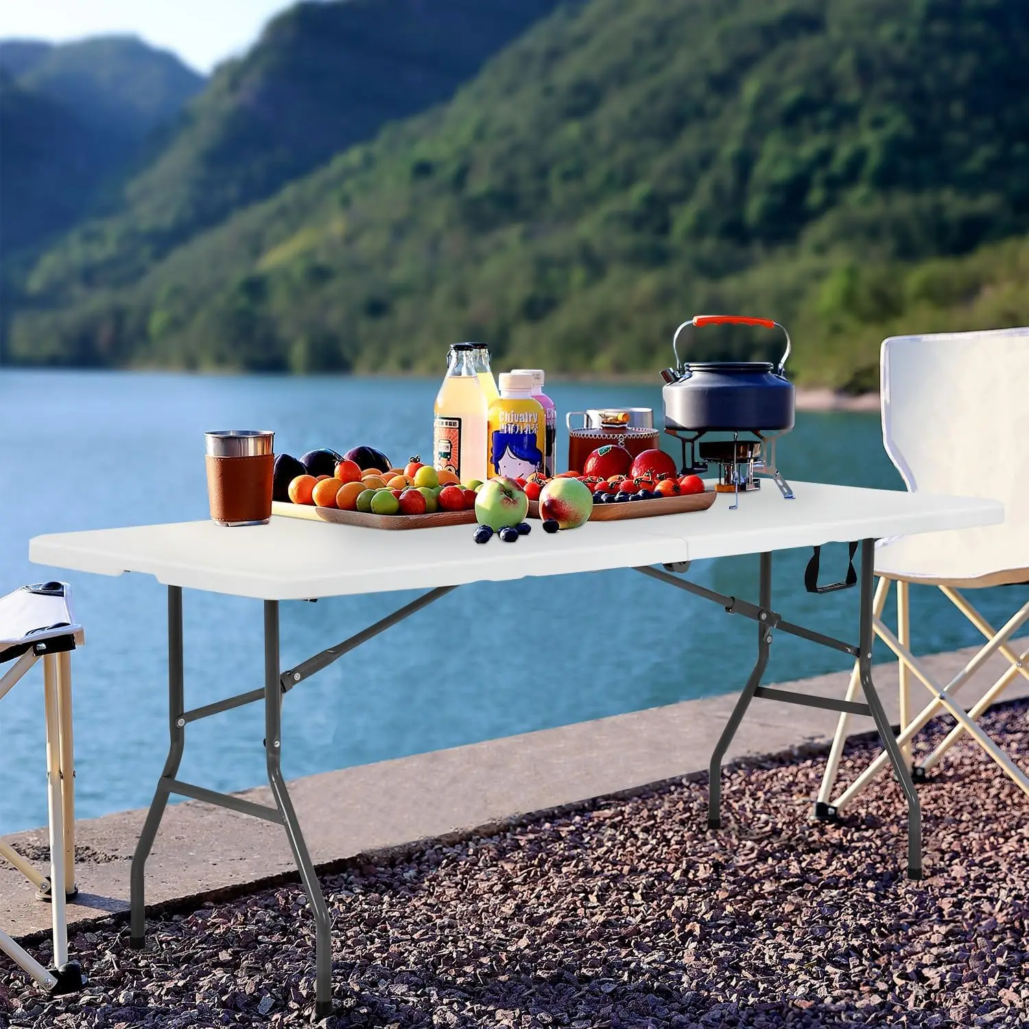 

Folding Tables Plastic 6Ft Half Portable Foldable Table For For Parties Wedding Bbq Camping, White 6 Ft