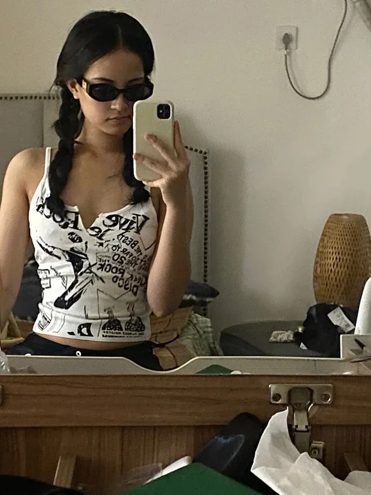 Y2K E-Girl Punk Print senza maniche canotta in maglia a coste per le donne 2000s Crop Top Summer Fairy Grunge anni '90 Hippie Tee corea Fashion