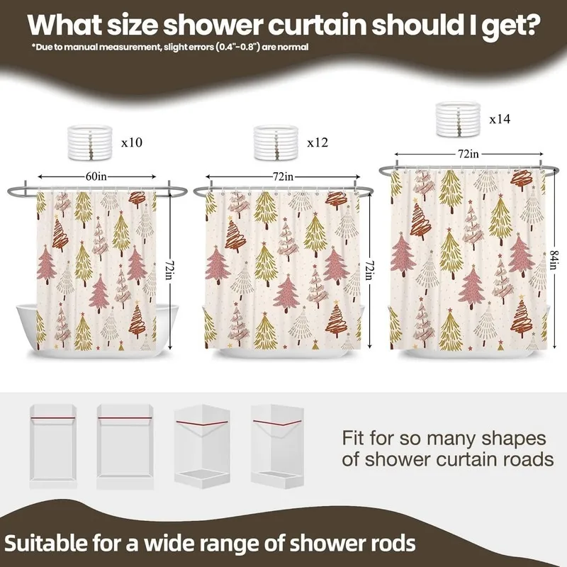 Morandi Hand Drawn Line Art Christmas Tree Shower Curtain No Drilling Bathroom Decor Set with 12 Hooks Waterproof