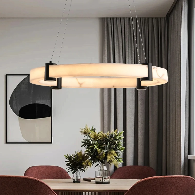 Nordic Ring-Shaped Marble Chandelier Dimmable Ceiling Lamp for Living Room with Soft Lustre Natural Modern Interior Luxury Light