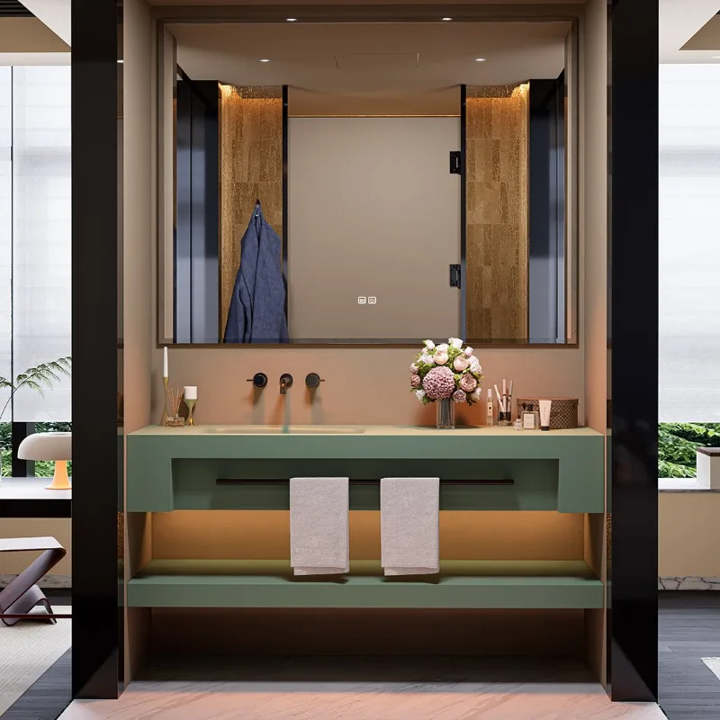 

New Corian integrated basin hotel simple wind top heightening mirror bathroom cabinet