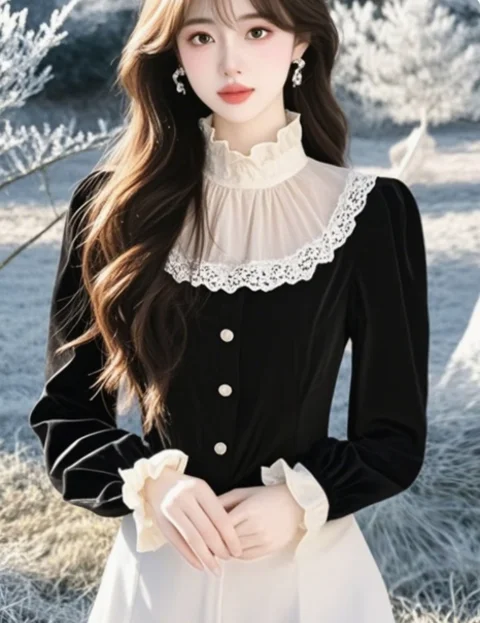 

2025 NEW BLACK COLOR Elegant Shirts Women French Style Chic Lace Patchwork Velvet Stand Collar Long Sleeve Vintage Lady Blouse