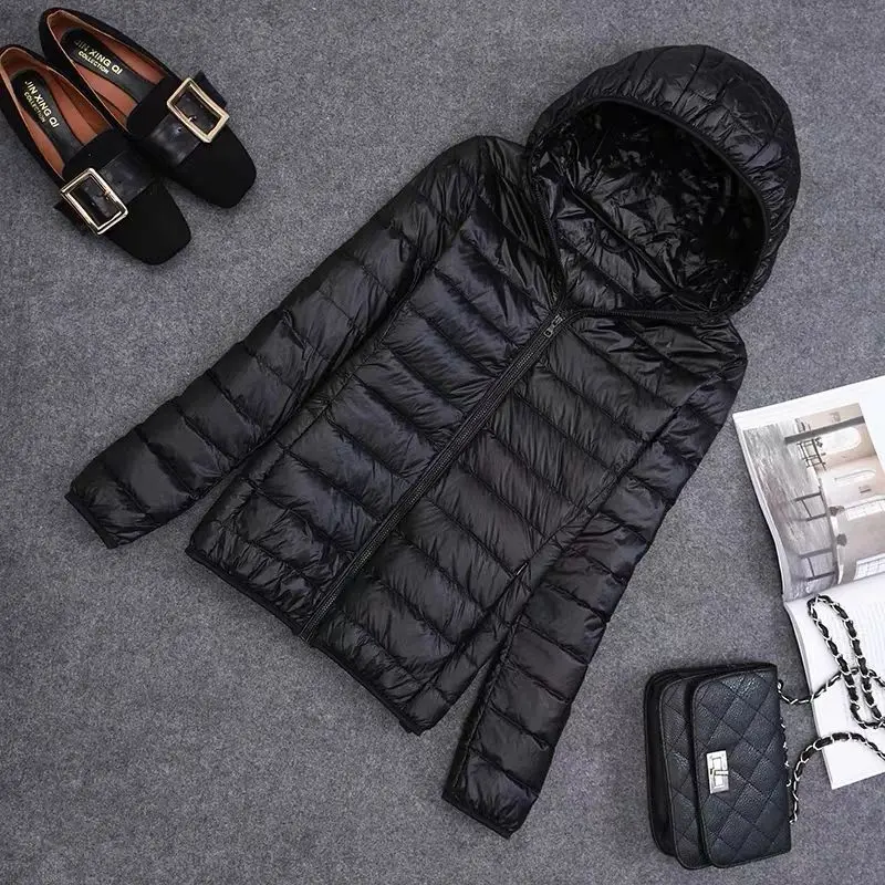 Lekka damska kurtka puchowa na jesień i zimę, dopasowany krój, płaszcz z kapturem, plus size, cienka odzież wierzchnia, na okres poza sezonem.