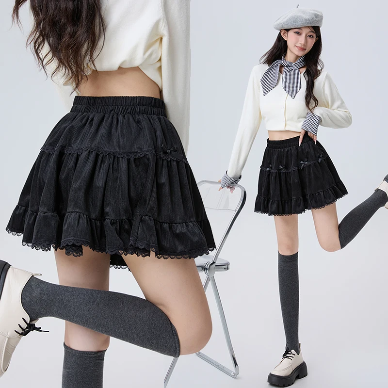Y2K Cake Skirt Women Velvet Bow Detail High Waist Fluffy A Line Ruffle Hem Sweet Winter Party Dress