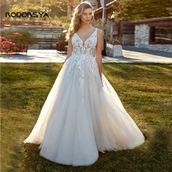 RODDRSYA-vestido De Novia bohemio para mujer, prenda sin mangas con cuello en V, longitud hasta el suelo De encaje, tul, personalizado Boho vestido de novia para las mujeres sin mangas con cuello en V  Vestido De Novia