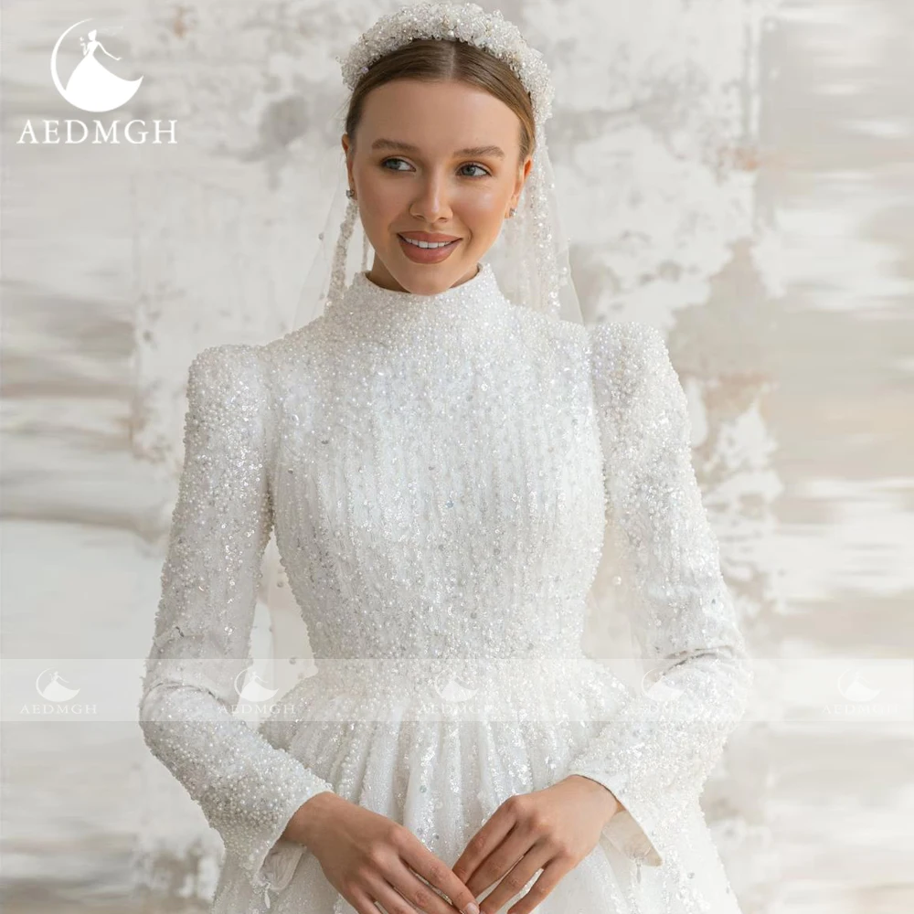 Aedmgh A-Line Abiti da sposa vintage Collo alto Manica lunga Vestido De Novia Abito da sposa musulmano su misura con paillettes in rilievo di pizzo