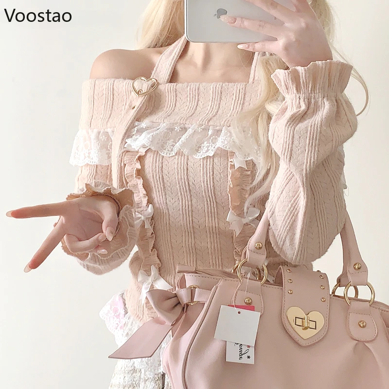 Vintage Sweet Lolita Style Knitted Pullover Girls Cute Slash Neck Bow Lace Ruffles Love Heart Buckle Sweater Women Knitwear Tops