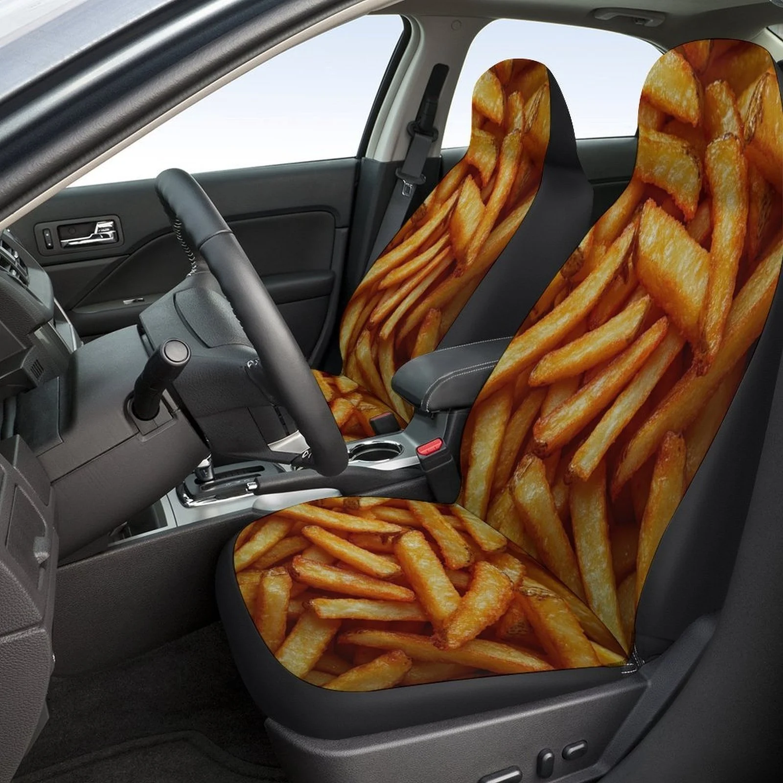 Golden Fries Themed Car Seat Cover Set - Trendy High-Quality Polyester Full Set For 2 Front & Rear Seats, Fit For Most Cars, All