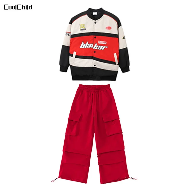 Boys Hip Hop Motorcycle Contrast Jacket Cargo Pants Girls Baseball Coat Streetwear Street Dance Costumes Kids Jazz Clothes Sets