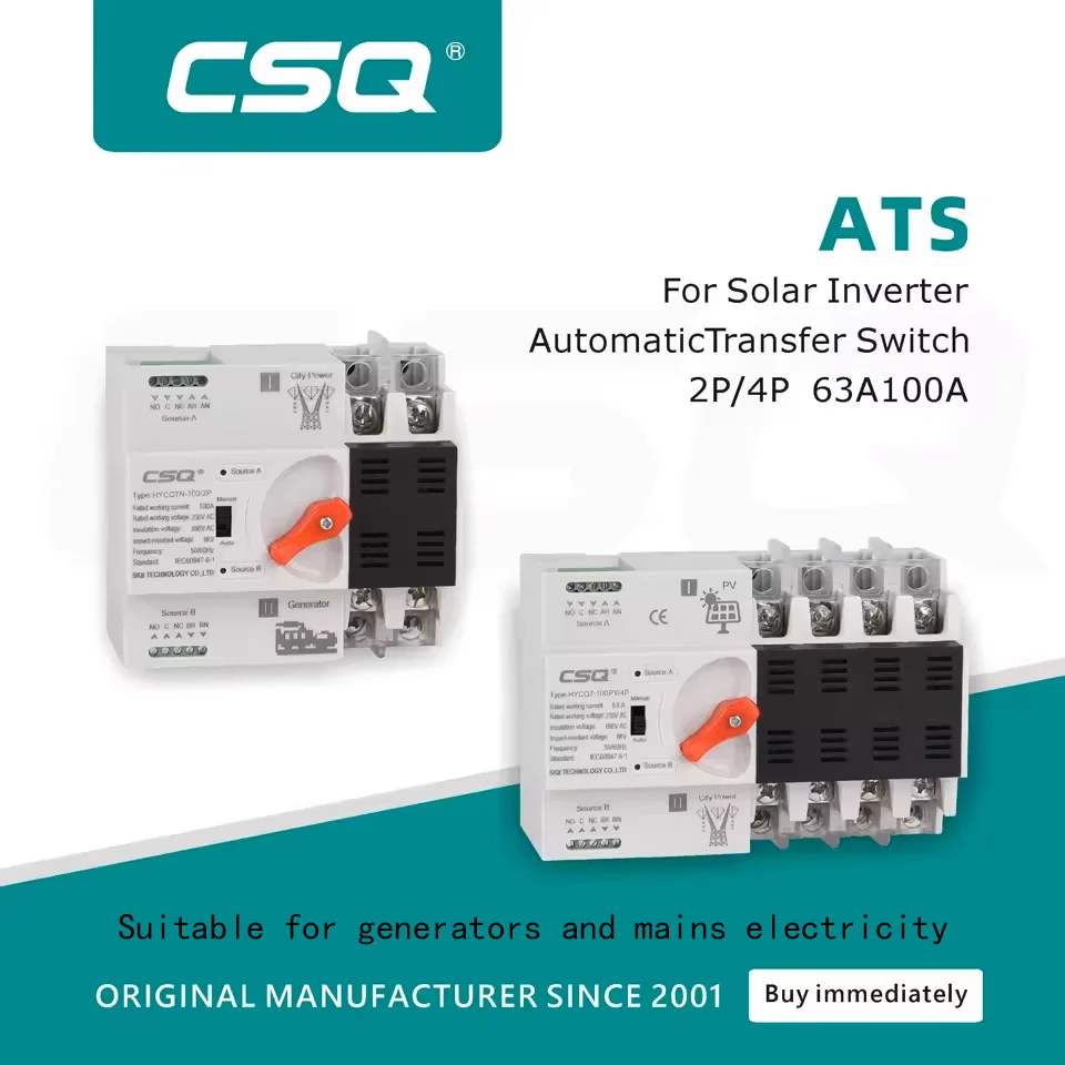 CSQ Din Rail 2P 4P ATS Dual Power Automatic Transfer Switch Selector Switches Uninterrupted Power Generator 63A 100A