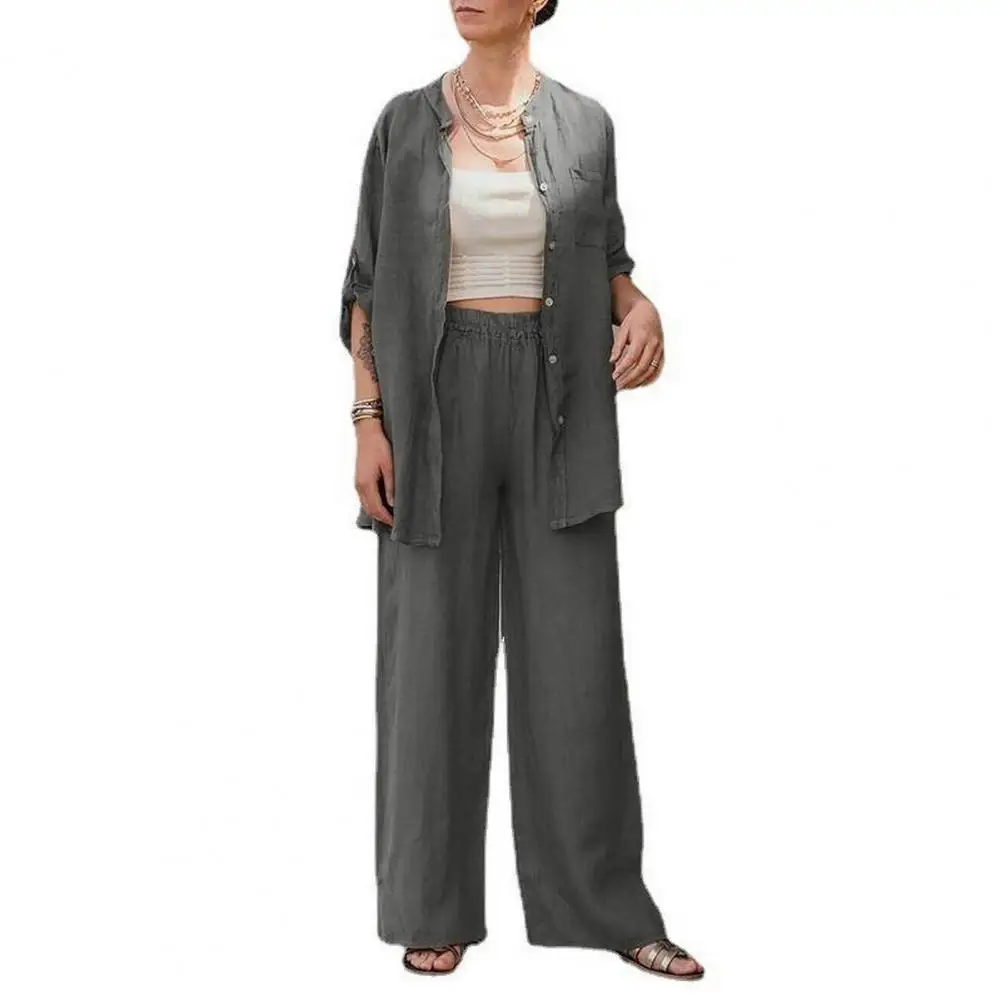 

Women Cotton Linen Two Piece Set with Half Sleeve Button Down Shirt Wide for Spring Female clothing