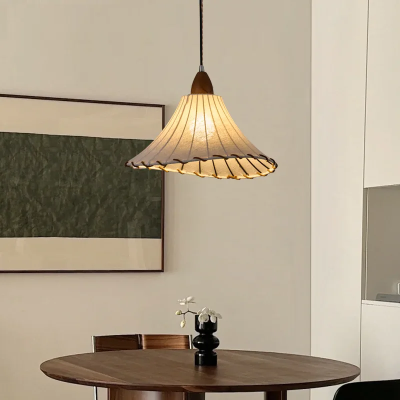 French Vintage Linen Fabric LED Pendant Lamps Atmosphere Restaurant Chandelier Cafe Bedroom Study Eye Protection Hanging Lights