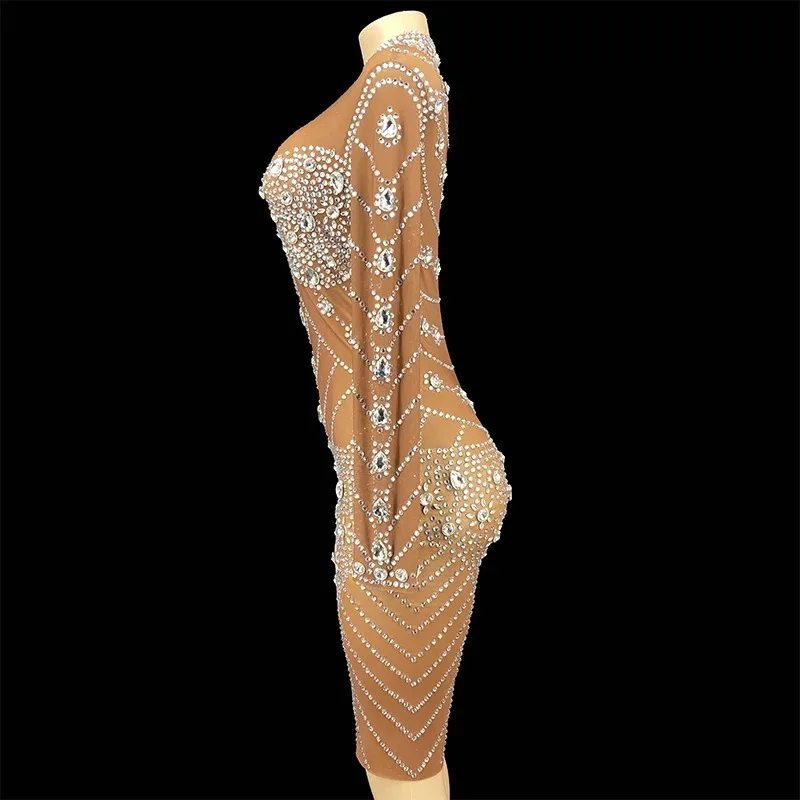 ZD جديد فضي الراين دنة فستان المرأة عيد ميلاد احتفال بلورات فستان صغير مساء أنثى المغني تظهر فستان مطاطي