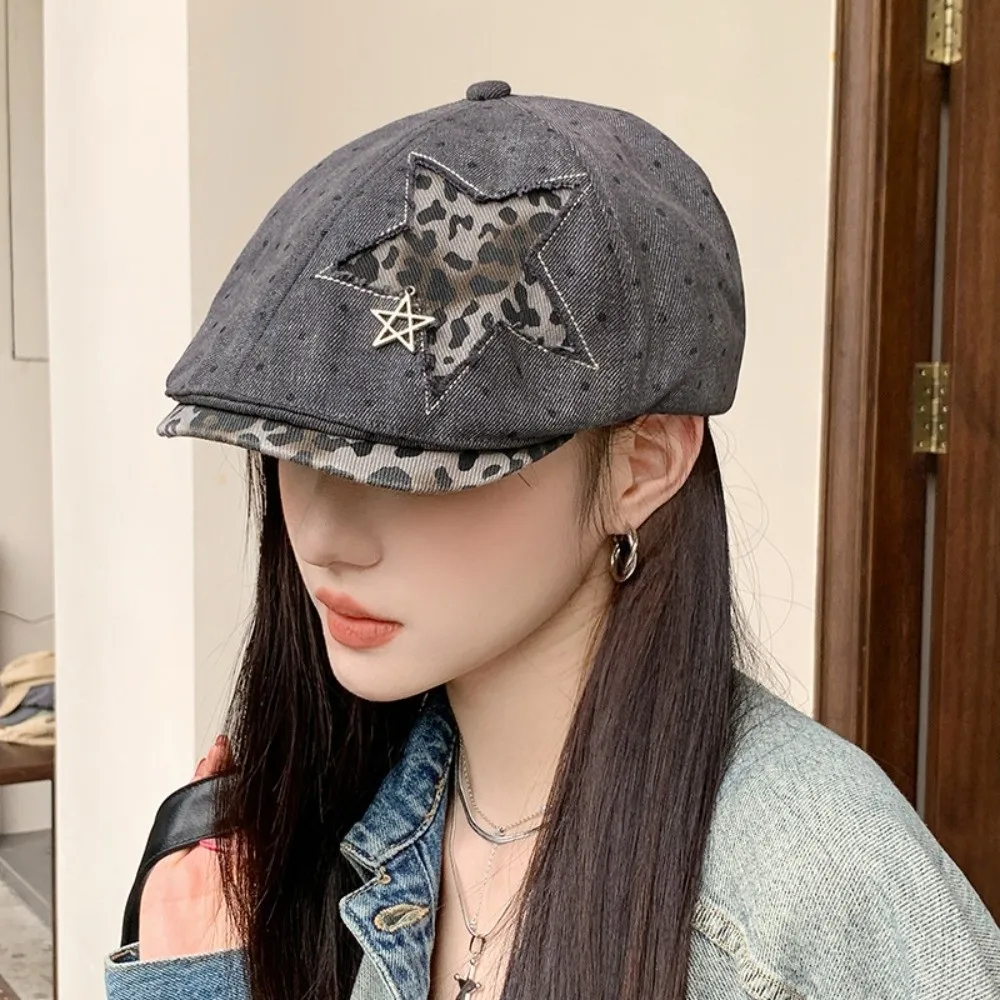 New Leopard Denim Beret Hat Polka Dot Star Rivet Baseball Hat Soft Adjustable Forward Hat Streetwear