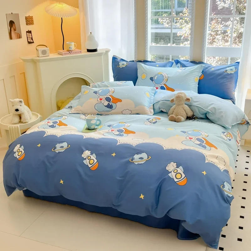 Astronaut Cartoon Duvet Cover Set Queen Size Space Planet Printed Cotton Bedding Comforter Cover Set for Kids Boys Bedroom Decor