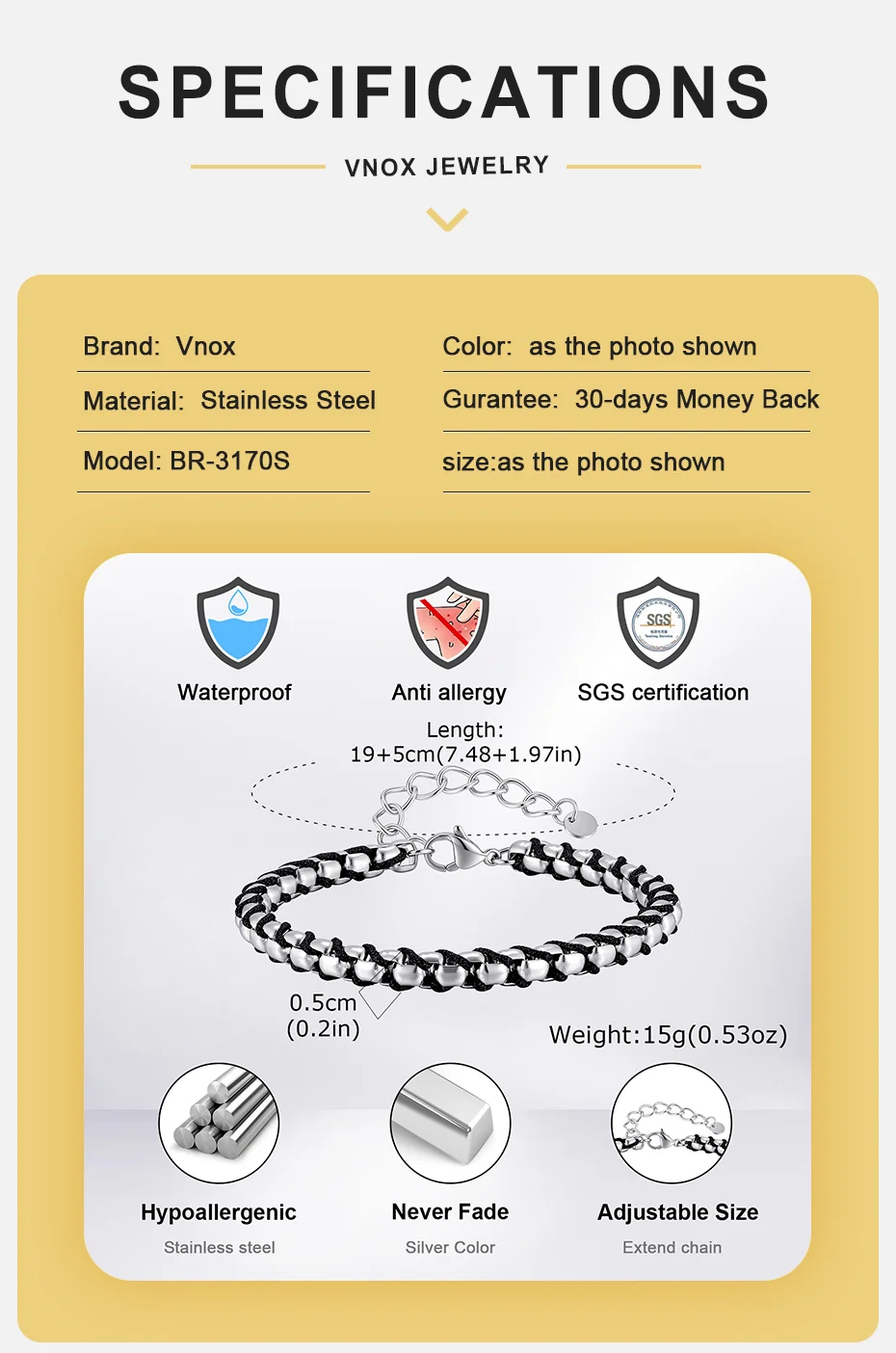 Vnox Edelstahl-Kastenkette Geflochtenes Schwarzes Seil-Armband, Verstellbares Gliederarmband Punk Hip-Hop Schmuck Geschenk für Männer – Detail 4