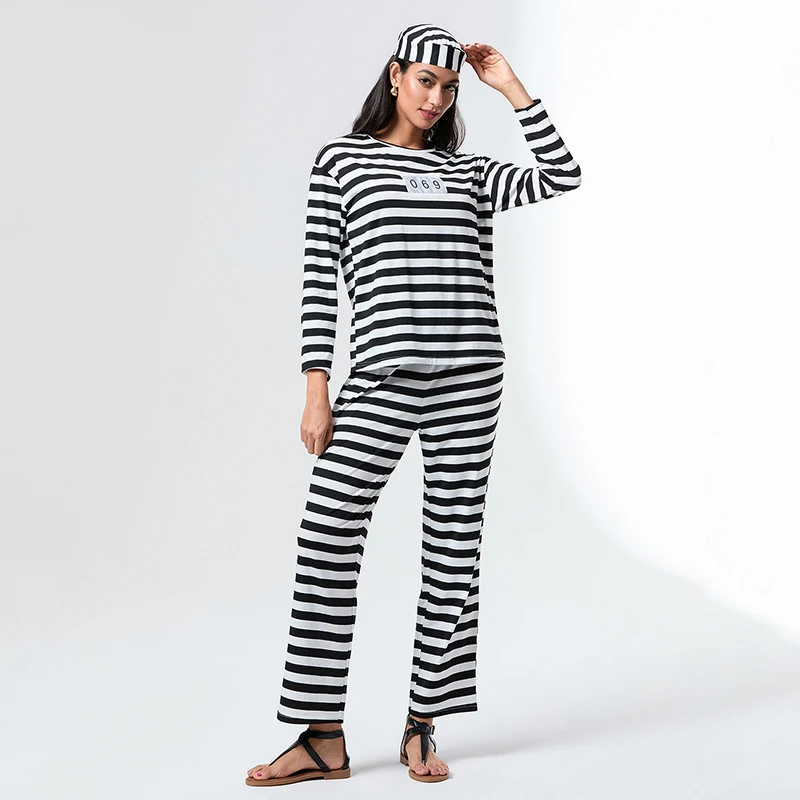 New Women Halloween Prisoner Costume Set Striped Long Sleeve Tops Long Pants Hat Funny Cosplay Clothes Hot Sale S-XL