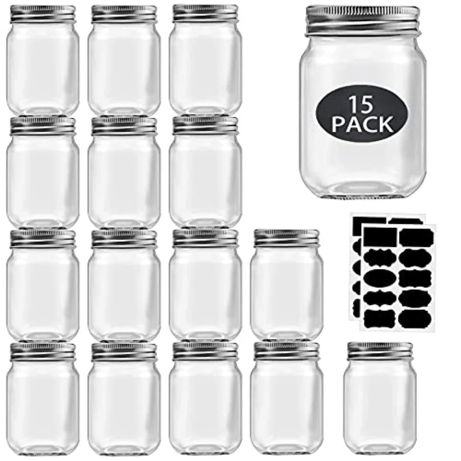 16 oz Mason Jars With Lids Regular Mouth 15 Pack-16oz Glass Jars with Silver Lids, Bulk Pint Clear Glass Jars For Meal Prep, Fo