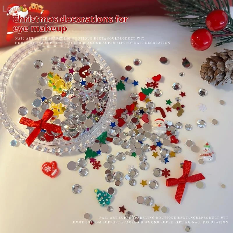 [L & P] 1 boîte de breloques pour ongles, série de noël, paillettes, nœud de père noël, strass, décoration artistique, maquillage pour les yeux, bricolage