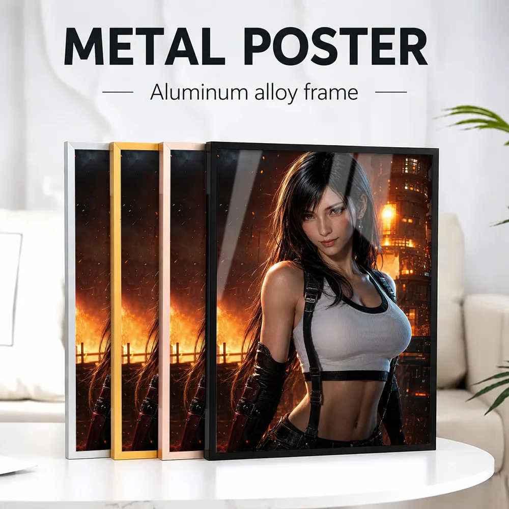 Tifa Lockhart In A Fiery City Framed Metal Poster Personalized Photo Immersive Adventure Style Wall Art For Game Room Fan Gift