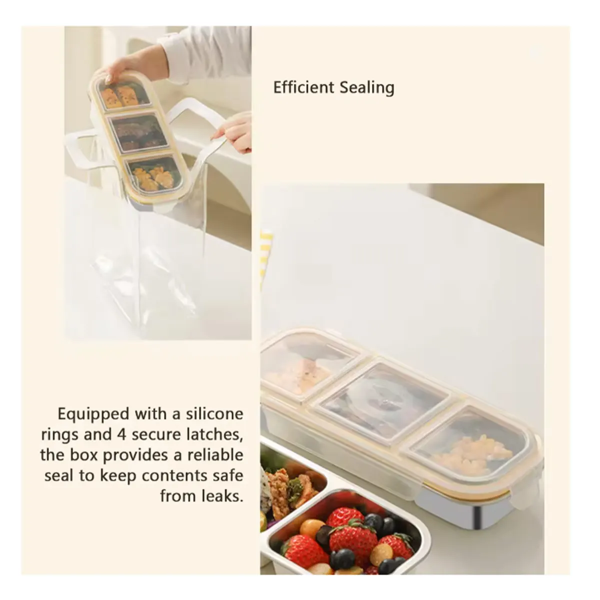 304 Edelstahl 3-Fach Unterteilte Leichte Mahlzeiten-Bento-Box für Büroangestellte, Portionskontrollierte, Tragbare Obst-Snack-Box Lunchbox – Detail 2