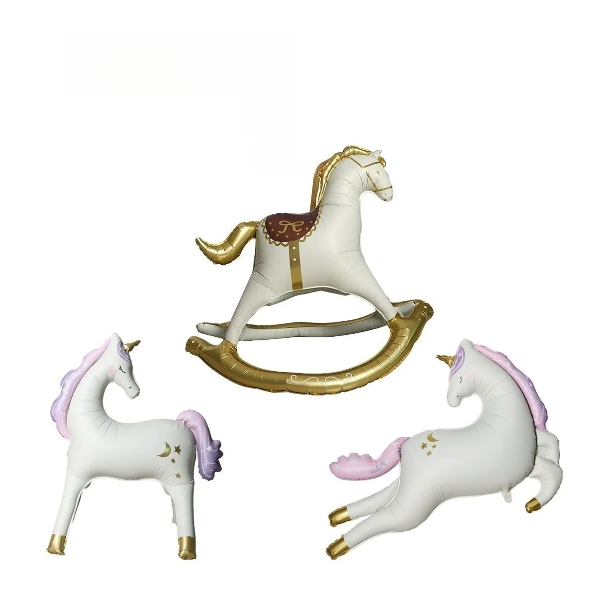Nuevo embalaje 3D de pie cumpleaños mate retro unicornio caballo de madera decoración de fiesta de cumpleaños globos de película de aluminio