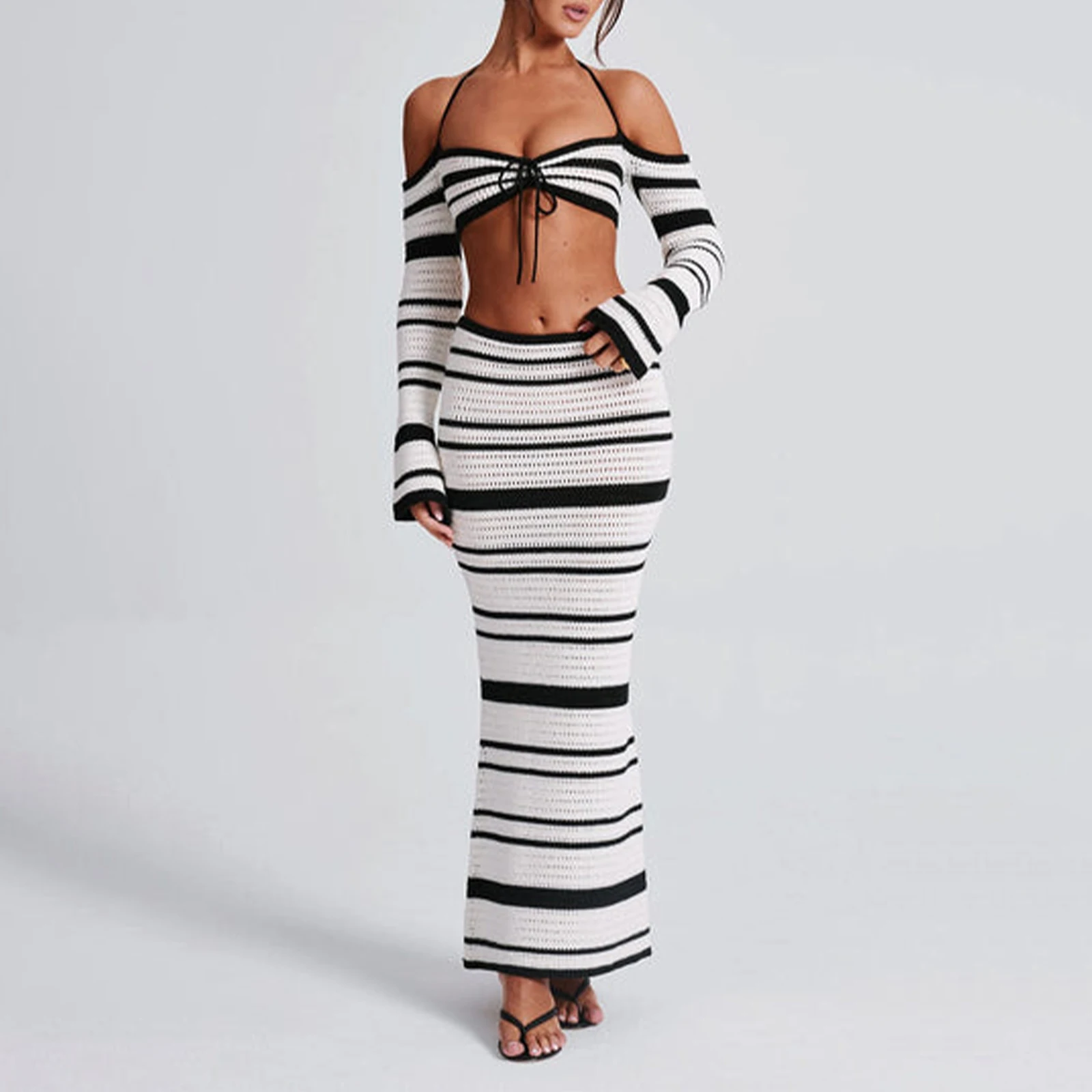 Hirigin Knit Stripe Women 2-częściowy zestaw Halter Slash Neck Lace Up Long Sleeve Tops and Maxi Skirts Sexy Mujer Club Midnight Suit