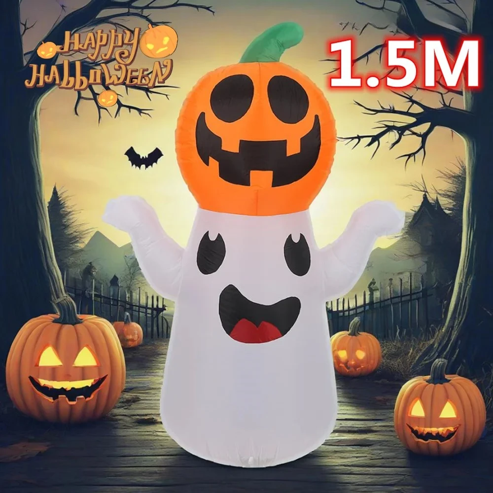 1.5M Inflatable Halloween Pumpkin White Ghost Inflatable Halloween Built-in LED Festival Outdoor Party Garden Lawn Decoration