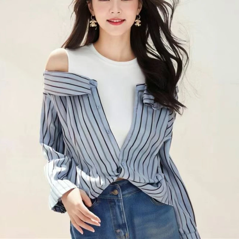 

Винтажная поддельная полосатая рубашка из двух предметов для женщин, корейский стиль, майка с открытыми плечами, лоскутный дизайн, свободный повседневный женский топ Blusas