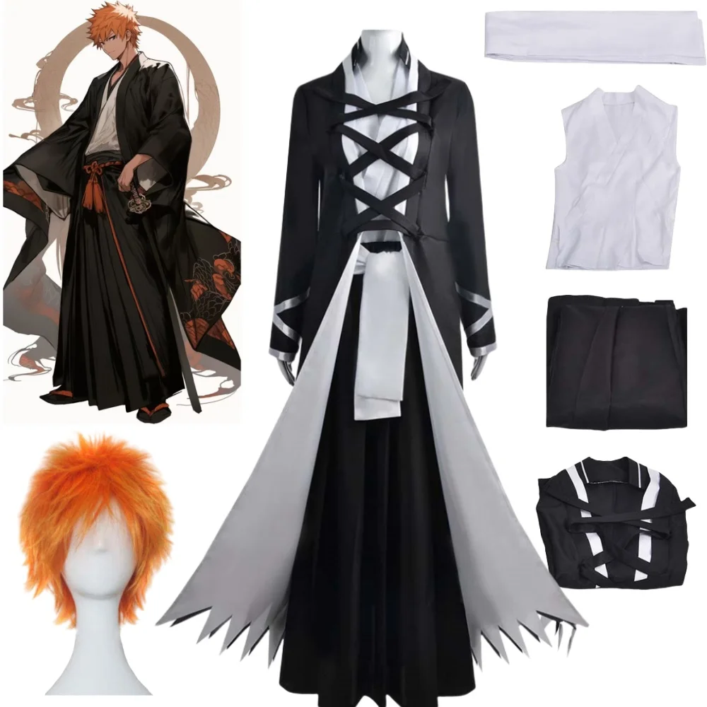 Kurosaki Ichigo Cosplay Costumes Anime Bleach Black Clock Orange hair For anime expo Handsome Boy Stage