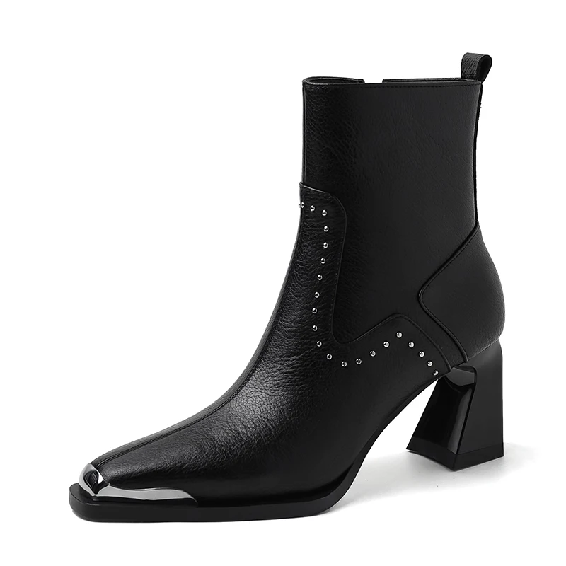 

Winter Boots Women Genuine Leather Ankle Ladies Square Toe Short Boots Slip On Zipper Shoes