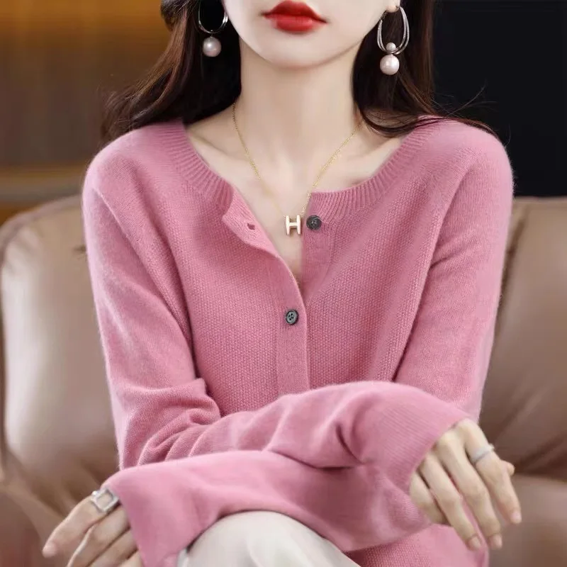 24 Spring And Autumn New 100 Women's First Line Ready To Wear Cardigan Solid Color Casual Wool Knitted Sweater Coat