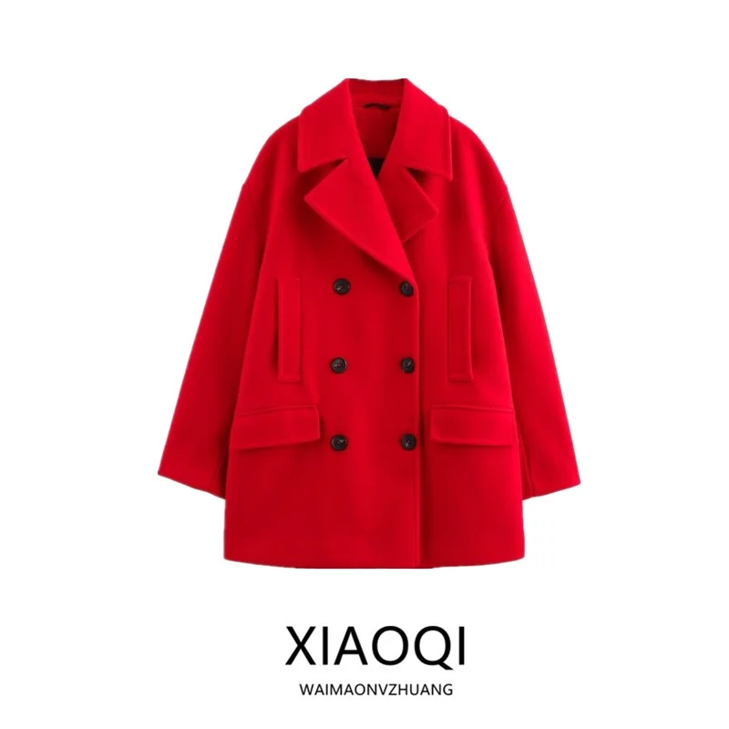 

Women's Woolen Coat Autumn Winter New Sle Double-breasted Medium-length Jaet with ket Design Long Sve Commute Sle