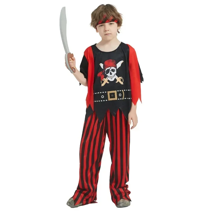 3-12Y Boys Pirate Costumes Kids Pirate Toys Costumes Captain Jack Striped Dress Up Costume with Pirate Toys Halloween Dress Up